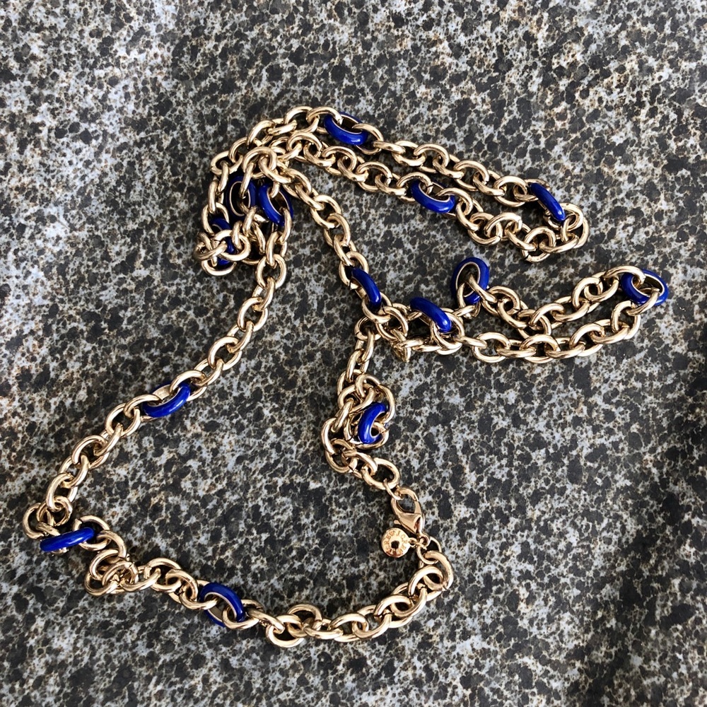 J Crew gold tone necklace with blue enamel
